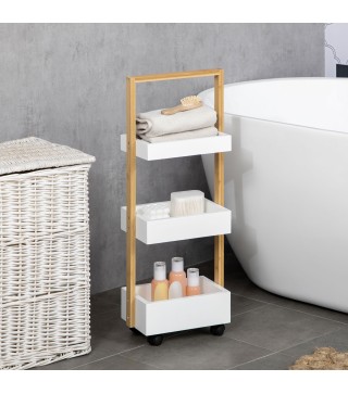 Carrito de Baño con Ruedas y 3 Cestas Carrito Auxiliar Multifuncional de Madera de Bambú 28x18x75 cm Blanco