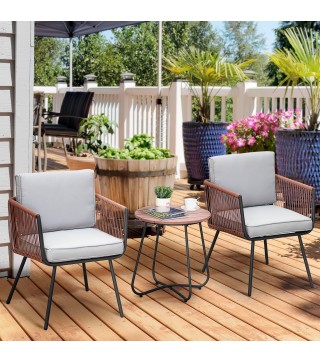 Conjunto de Muebles de Jardín de Ratán 3 Piezas Incluye 1 Mesa y 2 Sillones con Cojines Acolchados Teca y Gris