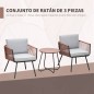 Conjunto de Muebles de Jardín de Ratán 3 Piezas Incluye 1 Mesa y 2 Sillones con Cojines Acolchados Teca y Gris
