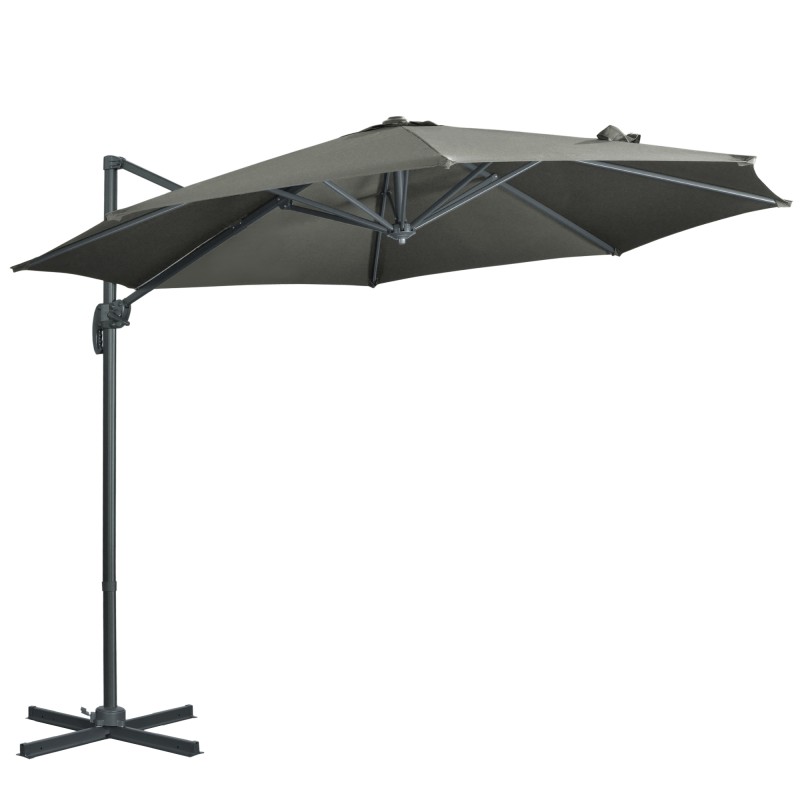 Sombrilla de Jardín de Aluminio Ø300x250 cm con Manivela Toldo Inclinable Giratorio 360° con Pedal y Base Cruzada Gris