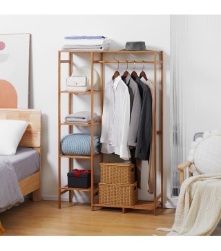 Perchero de Pie de Bambú Perchero para Ropa con Estantes de Almacenamiento y Varilla Colgante 90x30x145 cm Natural