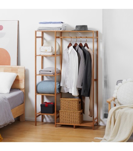 Perchero de Pie de Bambú Perchero para Ropa con Estantes de Almacenamiento y Varilla Colgante 90x30x145 cm Natural