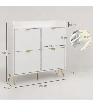 Zapatero Estrecho con 4 Cajones Abatibles Estantes Ajustables para 16 Pares 106x24x102 cm Blanco