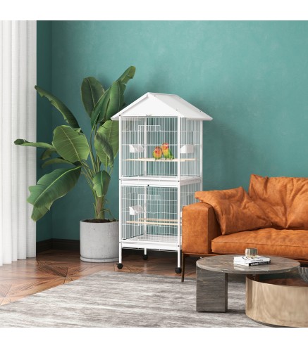 Jaula para Pájaros Grande de 2 Pisos Convertible en Sola Jaula con Ruedas Comederos 4 Perchas 78x75x168 cm Blanco