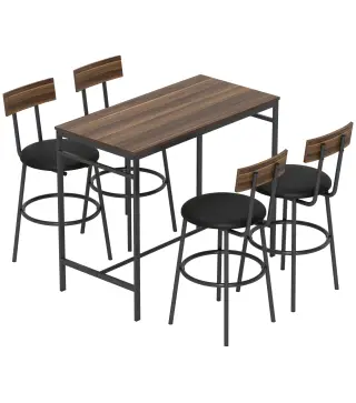 Juego de Mesa Alta de Bar y 4 Taburetes Asientos Tapizados en PU con Respaldo y Reposapiés Marrón