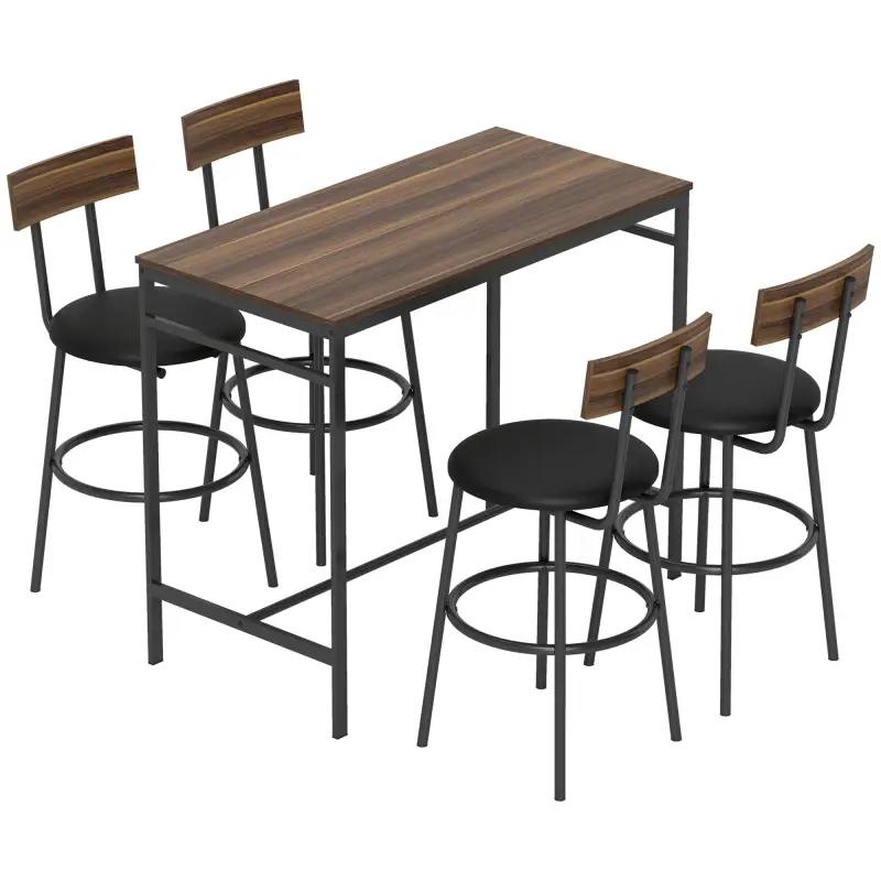 Juego de Mesa Alta de Bar y 4 Taburetes Asientos Tapizados en PU con Respaldo y Reposapiés Marrón Juego de Mesa Alta de Bar y 4 Taburetes Asientos Tapizados en PU con Respaldo y Reposapiés Marrón