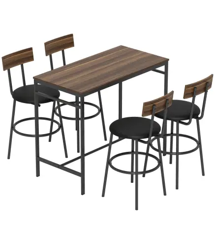 Juego de Mesa Alta de Bar y 4 Taburetes Asientos Tapizados en PU con Respaldo y Reposapiés Marrón