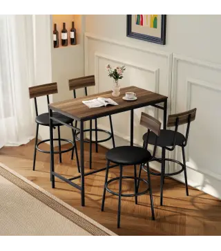 Juego de Mesa Alta de Bar y 4 Taburetes Asientos Tapizados en PU con Respaldo y Reposapiés Marrón