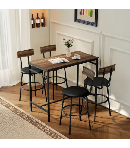 Juego de Mesa Alta de Bar y 4 Taburetes Asientos Tapizados en PU con Respaldo y Reposapiés Marrón