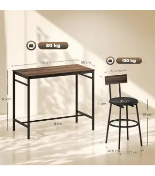 Juego de Mesa Alta de Bar y 4 Taburetes Asientos Tapizados en PU con Respaldo y Reposapiés Marrón