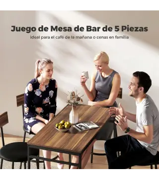 Juego de Mesa Alta de Bar y 4 Taburetes Asientos Tapizados en PU con Respaldo y Reposapiés Marrón