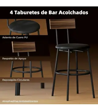 Juego de Mesa Alta de Bar y 4 Taburetes Asientos Tapizados en PU con Respaldo y Reposapiés Marrón