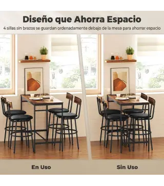 Juego de Mesa Alta de Bar y 4 Taburetes Asientos Tapizados en PU con Respaldo y Reposapiés Marrón