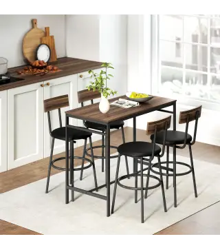 Juego de Mesa Alta de Bar y 4 Taburetes Asientos Tapizados en PU con Respaldo y Reposapiés Marrón