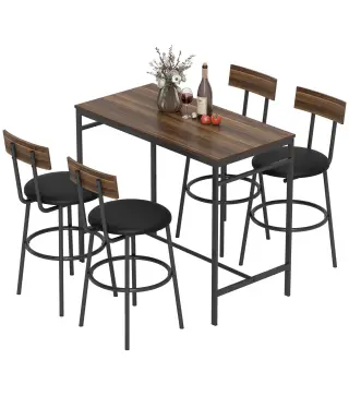 Juego de Mesa Alta de Bar y 4 Taburetes Asientos Tapizados en PU con Respaldo y Reposapiés Marrón