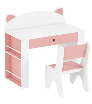 Juego de Mesa Infantil con Silla con Cajón y 4 Estantes Laterales Diseño de Orejitas de Zorro 3-8 Años Blanco y Rosa