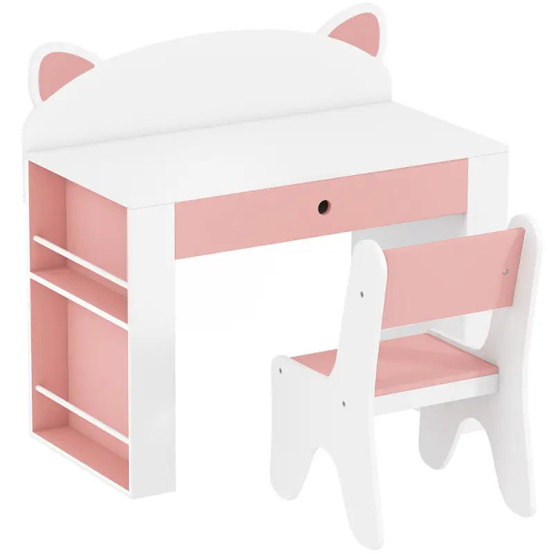 Juego de Mesa Infantil con Silla con Cajón y 4 Estantes Laterales Diseño de Orejitas de Zorro 3-8 Años Blanco y Rosa