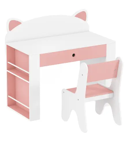 Juego de Mesa Infantil con Silla con Cajón y 4 Estantes Laterales Diseño de Orejitas de Zorro 3-8 Años Blanco y Rosa