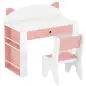 Juego de Mesa Infantil con Silla con Cajón y 4 Estantes Laterales Diseño de Orejitas de Zorro 3-8 Años Blanco y Rosa
