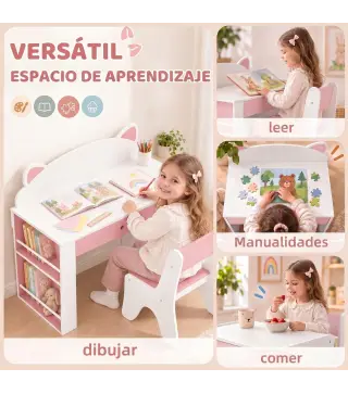 Juego de Mesa Infantil con Silla con Cajón y 4 Estantes Laterales Diseño de Orejitas de Zorro 3-8 Años Blanco y Rosa