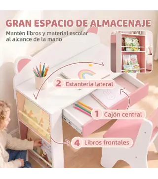 Juego de Mesa Infantil con Silla con Cajón y 4 Estantes Laterales Diseño de Orejitas de Zorro 3-8 Años Blanco y Rosa