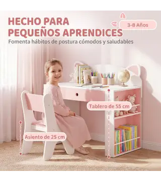 Juego de Mesa Infantil con Silla con Cajón y 4 Estantes Laterales Diseño de Orejitas de Zorro 3-8 Años Blanco y Rosa