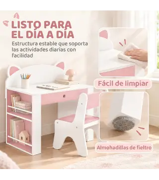 Juego de Mesa Infantil con Silla con Cajón y 4 Estantes Laterales Diseño de Orejitas de Zorro 3-8 Años Blanco y Rosa