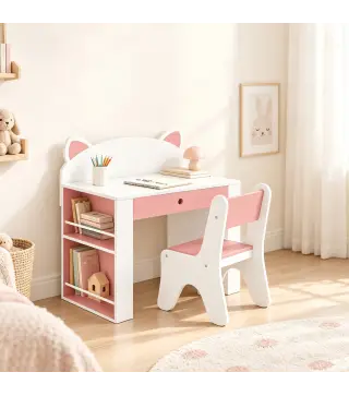 Juego de Mesa Infantil con Silla con Cajón y 4 Estantes Laterales Diseño de Orejitas de Zorro 3-8 Años Blanco y Rosa