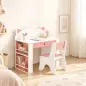 Juego de Mesa Infantil con Silla con Cajón y 4 Estantes Laterales Diseño de Orejitas de Zorro 3-8 Años Blanco y Rosa