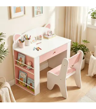 Juego de Mesa Infantil con Silla con Cajón y 4 Estantes Laterales Diseño de Orejitas de Zorro 3-8 Años Blanco y Rosa