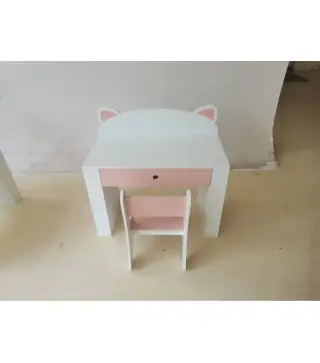 Juego de Mesa Infantil con Silla con Cajón y 4 Estantes Laterales Diseño de Orejitas de Zorro 3-8 Años Blanco y Rosa