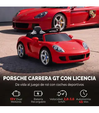 Coche Eléctrico Niños Licencia Porsche Carrera GT 12V Mando a Distancia 2,4 G 2 Motores Suspensión Arranque Suave Rojo