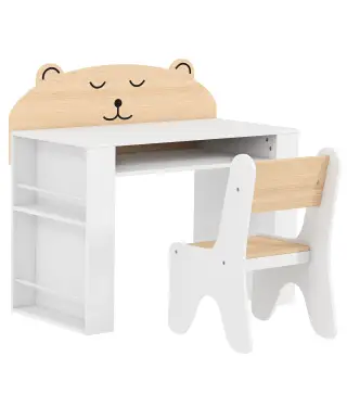 Juego de Mesa Infantil con Silla con Compartimento y 4 Estantes Laterales Montessori 3 a 8 Años Blanco y Natural
