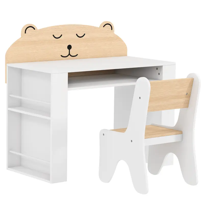 Juego de Mesa Infantil con Silla con Compartimento y 4 Estantes Laterales Montessori 3 a 8 Años Blanco y Natural