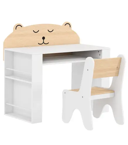 Juego de Mesa Infantil con Silla con Compartimento y 4 Estantes Laterales Montessori 3 a 8 Años Blanco y Natural
