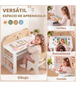 Juego de Mesa Infantil con Silla con Compartimento y 4 Estantes Laterales Montessori 3 a 8 Años Blanco y Natural