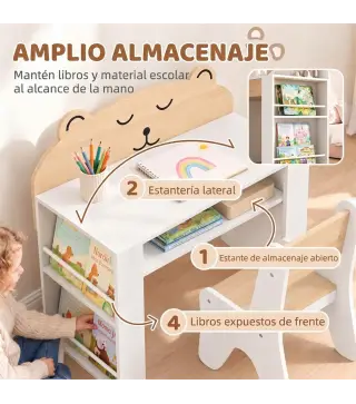 Juego de Mesa Infantil con Silla con Compartimento y 4 Estantes Laterales Montessori 3 a 8 Años Blanco y Natural