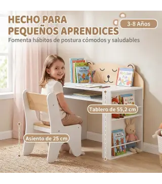 Juego de Mesa Infantil con Silla con Compartimento y 4 Estantes Laterales Montessori 3 a 8 Años Blanco y Natural