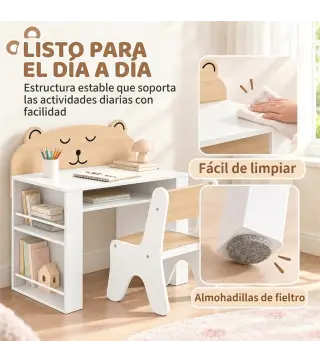 Juego de Mesa Infantil con Silla con Compartimento y 4 Estantes Laterales Montessori 3 a 8 Años Blanco y Natural