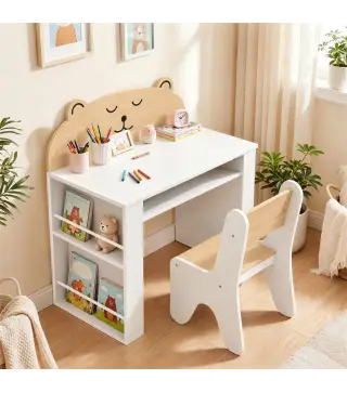 Juego de Mesa Infantil con Silla con Compartimento y 4 Estantes Laterales Montessori 3 a 8 Años Blanco y Natural