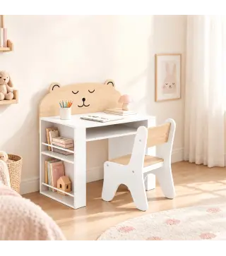 Juego de Mesa Infantil con Silla con Compartimento y 4 Estantes Laterales Montessori 3 a 8 Años Blanco y Natural