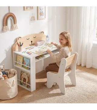 Juego de Mesa Infantil con Silla con Compartimento y 4 Estantes Laterales Montessori 3 a 8 Años Blanco y Natural