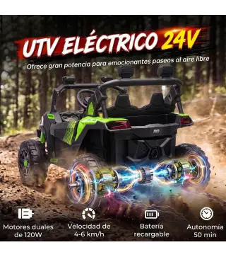 Coche Eléctrico Niños 2 Plazas UTV 24V 2 Motores Batería Litio Control Remoto Suspensión Arranque Suave 3-8 Años Verde