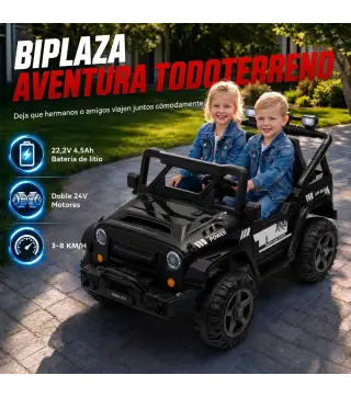 Coche Eléctrico Niños 24V 2 Plazas Batería de Litio Control Remoto 2 Motores Suspensión Trasera Arranque Suave Negro