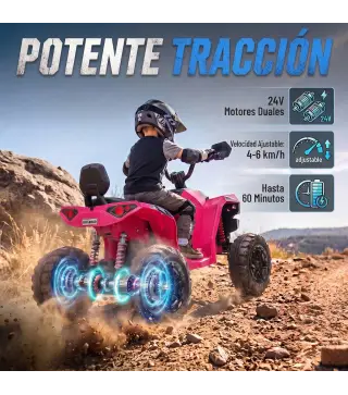 Quad Eléctrico Niños 24V 2 Plazas 2 Motores 120 W Batería de Litio Suspensión Arranque Suave 4-6 km/h 3-8 Años Rosa