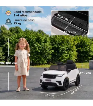 Coche Eléctrico SUV Niños Licencia Range Rover Velar 12V Control Remoto Batería Litio Motores Suspensión 2-4Años Blanco