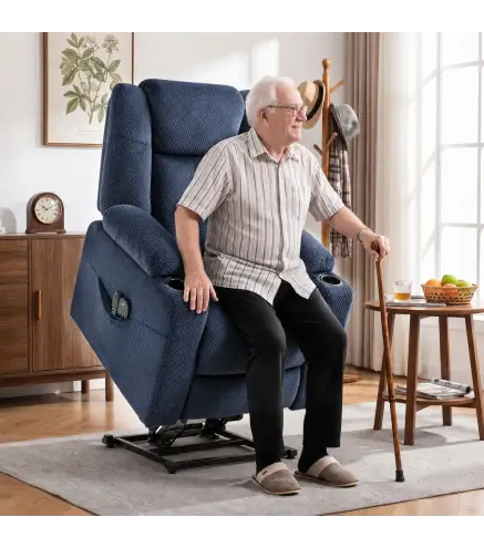 Sillón Relax Reclinable Eléctrico Levanta Personas Mayores con Masaje Calor Portavasos Mando Bolsillos Azul Oscuro