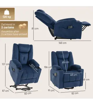 Sillón Relax Reclinable Eléctrico Levanta Personas Mayores con Masaje Calor Portavasos Mando Bolsillos Azul Oscuro