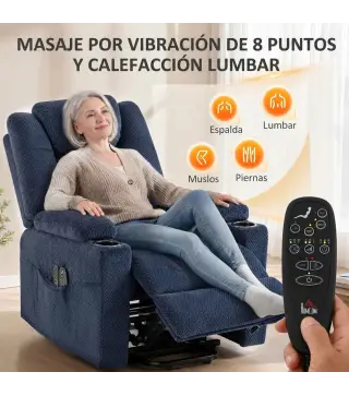 Sillón Relax Reclinable Eléctrico Levanta Personas Mayores con Masaje Calor Portavasos Mando Bolsillos Azul Oscuro