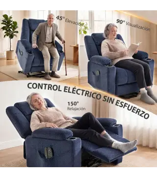 Sillón Relax Reclinable Eléctrico Levanta Personas Mayores con Masaje Calor Portavasos Mando Bolsillos Azul Oscuro